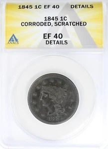 1845 1c Braided Hair Large Cent Corroded, Scratched EF 40 Details - Picture 1 of 4