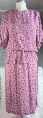 Vintage Alison Peters Blousen Dress Pink With Black Flower Print Womens Size 16 - Image 1 of 4