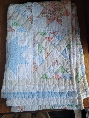 Quilted Floral Bed Runner 76"x27 Handmade Pastel Quilt Star Pattern Cottage Baby - Image 1 of 4