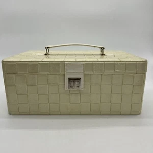 Bolso de Maquillaje Estuche de Tren Lancôme Vintage Cuero Sintético Blanco y Crema Tejido de Cesta - Imagen 1 de 13