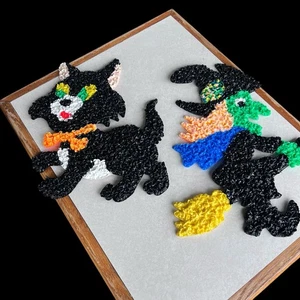 Vtg Halloween Flying Witch On Broom & Black Cat Melted Plastic Popcorn  READ ! - Picture 1 of 10