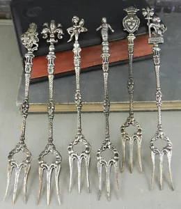 Juego de tenedores de cóctel figurativos antiguos/vintage de 6 a 800 de plata - Imagen 1 de 11