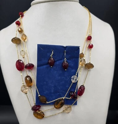 2008 Avon Triple Strand Red Beaded Bead Necklace Earring Gift Set 21" Extendable - Image 1 of 4
