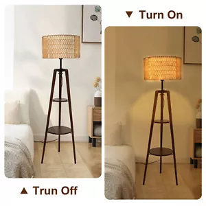 Boho Rattan Tripod Floor Lamp Dimmable Mid Century Modern Style Living Room - Picture 1 of 6