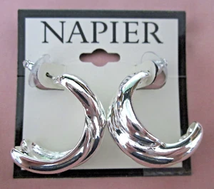 Napier Pierced New Half-Hoop Earrings Large Shiny Silvertone EXC on Card - Picture 1 of 10