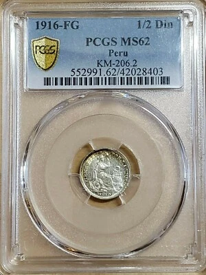 1916 FG Peru Half Dinero 1/2 Din Silver KM-206.2 PCGS MS62 Toned 8403 - Image 1 of 3