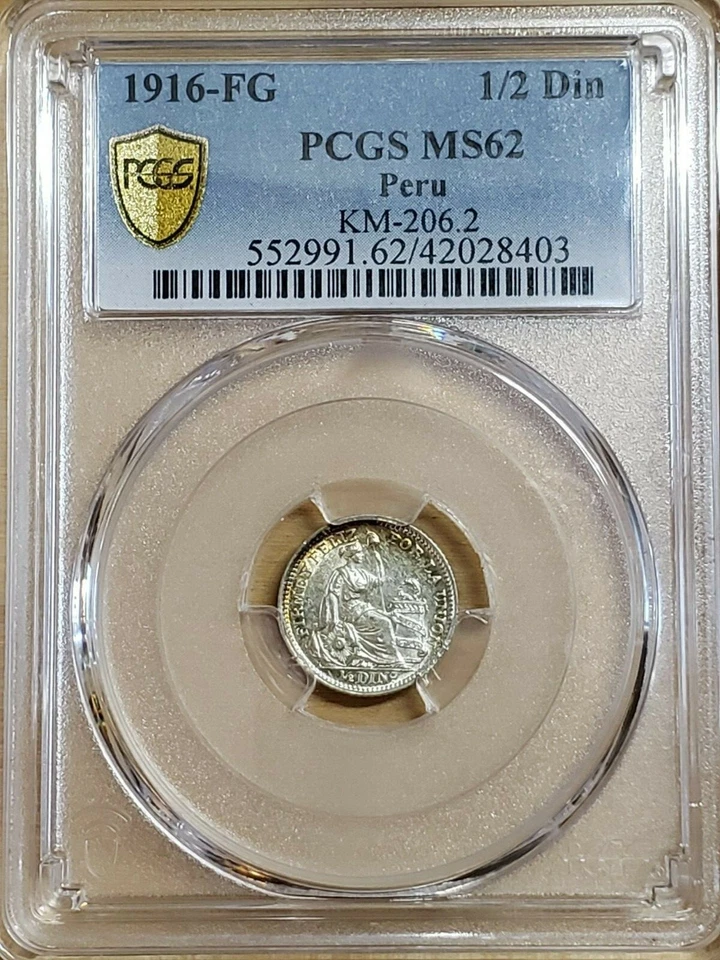 1916 FG Peru Half Dinero 1/2 Din Silver KM-206.2 PCGS MS62 Toned 8403 - Image 1 of 3