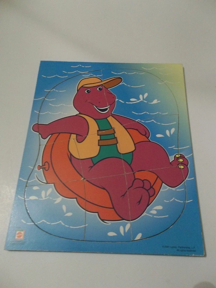 mattel 2001 barney the purple dinosaur rafting 8 piece wooden frame tray puzzle - Image 1 of 1