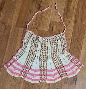 VTG Hand Crochet Apron Pink & Cream Colored Ivory Retro Granny Cottage Core - Picture 1 of 11