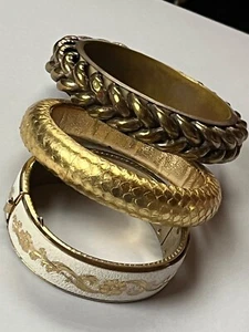 Vintage Lot of White Enamel w Etched Floral Gold Lame Animal Print Wide Brass & - Picture 1 of 10