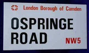 OSPRINGE ROAD NW5 LONDON BOROUGH OF CAMDEN ENAMEL PORCELAIN STREET SIGN - Picture 1 of 4
