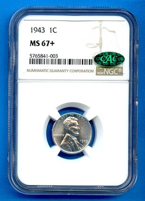 1943 P NGC MS67+ Lincoln Steel Cent 1c US Mint Wheat Penny 1943-P MS-67 Plus CAC - Image 1 of 3