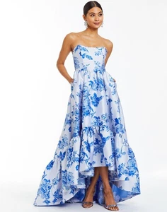 Maxi abito Mestiza New York Georgiana alto basso jacquard porcellana blu taglia 4 - Foto 1 di 11