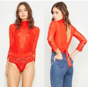 NWT $148 Free People Take HAH Bow Reversible Bodysuit XL Red Sheer Lace Top - Picture 1 of 20