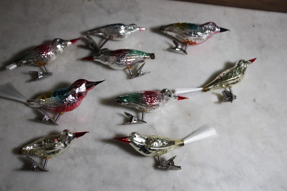 Early Mercury Glass Clip-On Bird Ornaments Lot of  9 - Image 1 of 2