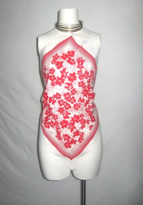 VTG Elizabeth Arden Bandana Scarf Red White Floral Stripe Print Handkerchief Hem - Image 1 of 3