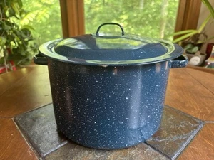 Vintage Blue Speckled Enamel Graniteware Cooking Stock Pot Lid Handles Large 7qt - Picture 1 of 10