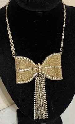Betsey Johnson Rose Gold Big Bow Mesh Crystal Fringe Statement Necklace - Image 1 of 4