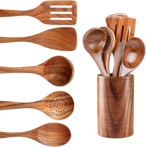 6 Piece Natural Acacia Wooden Kitchen Utensil Set, Comfortable Grip Cooking S... - Picture 1 of 12