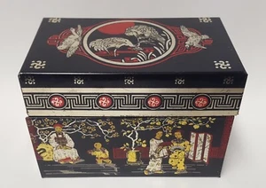 Vtg Chinese Hinged Lid Tea Box Recipes File Metal Asian Black Red Cranes Figures - Picture 1 of 21