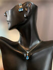 BEAUTIFUL 10k Gold Pear Cut Blue Topaz Diamond Pendant Necklace Earrings Set!
