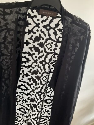 MAGGIE T Black Long Sleeve Knit Stretch Lace Cardigan Wrap Waterfall Front 0 - image 1 of 4