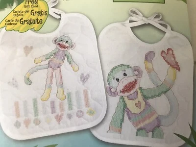 JANLYNN SET OF 2 STAMPED CROSS STITCH BABY MONKEY BIBS KIT 023-0526 NIP - Image 1 of 4