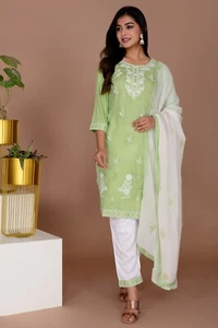 Indian for women Rayon embroidery kurta with printed pant with dupatta set - Picture 1 of 5
