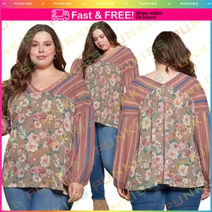 Women's Plus Floral Printed Knit Blouse Top??Long Sleeve Round Neck Shirt Casual - Picture 1 of 5