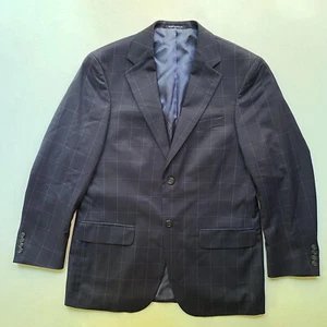 Lands End Wool Sports Coat Blazer Mens size 40R Navy Blue Large Check 2 Button - Picture 1 of 9