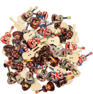 2-Hole 50 Pcs/Pack Vintage Style Guitar Shape Printed Wooden Sewing Buttons for - Image 1 of 4