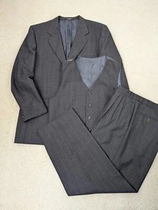 Traje Para Hombre 44L 38x30 Gris Rayas Lana 3 Piezas Chaqueta Chaleco Pantalones De Colección África - Imagen 1 de 24