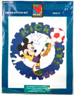 Stitchery Craft Kit Mickey Unlimited 14-Count Cross Stitch KICK IT Soccer - Image 1 of 4