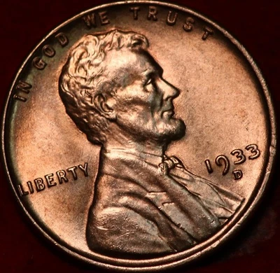 Uncirculated Red 1933-D Denver Mint Copper Lincoln Wheat Cent - Image 1 of 2