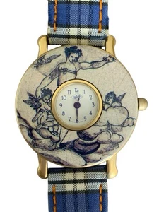 Vintage Oilily Uhr Echtleder & blau kariertes Band kariert italienisches Kunst Zifferblatt - Bild 1 von 7