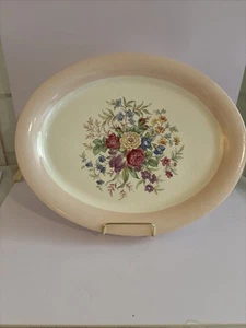 HOMER LAUGHLIN EGGSHELL PINK RIMMED FLORAL PORCELAIN PLATTER 13” LONG - Picture 1 of 4