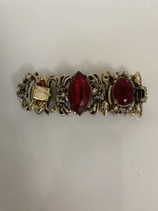 Vintage Goldtone Red Rhinestone Unsigned Bracelet 6” WHITE PEARL-LIKE SETTINGS - Picture 1 of 4
