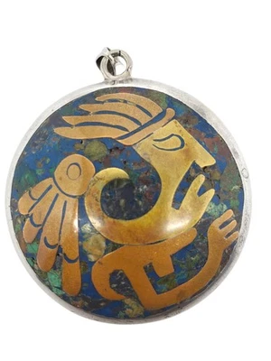 Мексиканский серебряный большой ацтекский круглый кулон #22630 - Изображение 1 из 4