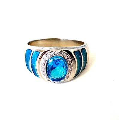 Anillo de plata 925 ópalo para hombre anillos de plata ópalo de fuego azul anillo piedra reina Foto 1 de 4