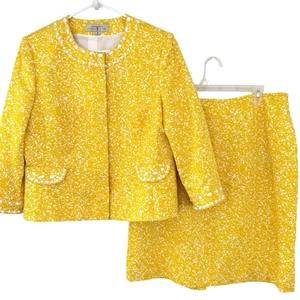 Tahari Arthur S Levine 16 Skirt Suit Set Yellow White Beaded Cotton Collarless - Picture 1 of 24