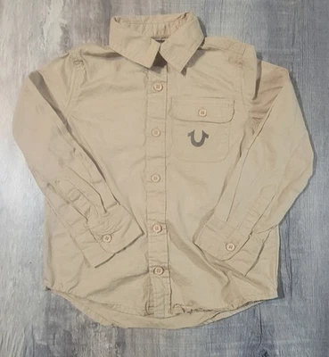 Camisa de algodão True Religion masculina 4T bege cáqui logotipo botão para cima manga longa Euc - Imagem 1 de 4