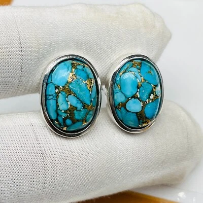 Elegant Oval Blau Türkis & Gold Vene Manschetten – Silberfarben,Handarbeit Luxus - Bild 1 von 4