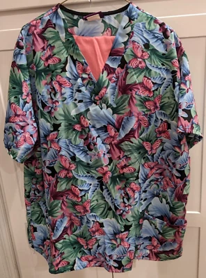 2 pc Silky Scrubs Womens XL Butterflies Floral Top XL NuDimensions Coral Pants - Image 1 of 4