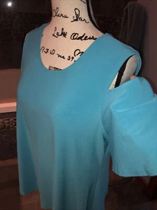 Women’s Caribe USA Turquiose Blue Short Sleeve Cold Shoulder Stretch Top - Large - Picture 1 of 9