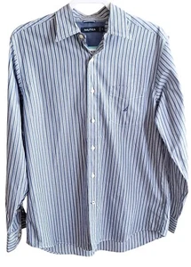 Nautica Mens M Dress Shirt Blue White Stripe Button Down Classic Business Casual - Picture 1 of 5