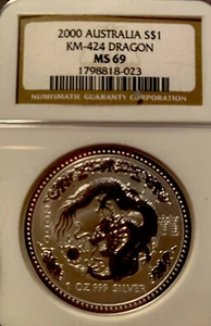 2000 Year of the Dragon $1 Australia NGC MS-69 RARE 1 OZ .999 Silver MS69 Lunar - Picture 1 of 2
