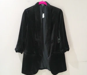 EXPRESS Womens Blazer Size XS Black Velvet Open Jacket Ruched 3/4 Sleeve Buttons - Picture 1 of 6