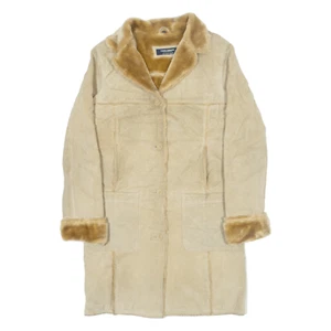 Vintage TOM TAILOR Sherpa Lined Womens Trench Coat Beige Leather Suede 90s L - Picture 1 of 6