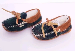 Baby Gap Size 0 Boys Wools Plaid & Suede Slippers w/ Faux Sherpa Lining - Picture 1 of 8