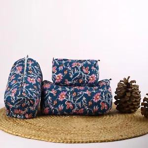 Authentische blaue Blumen Kulturbeutel 3er Set Hand Blockdruck für Damen Tasche - Bild 1 von 8